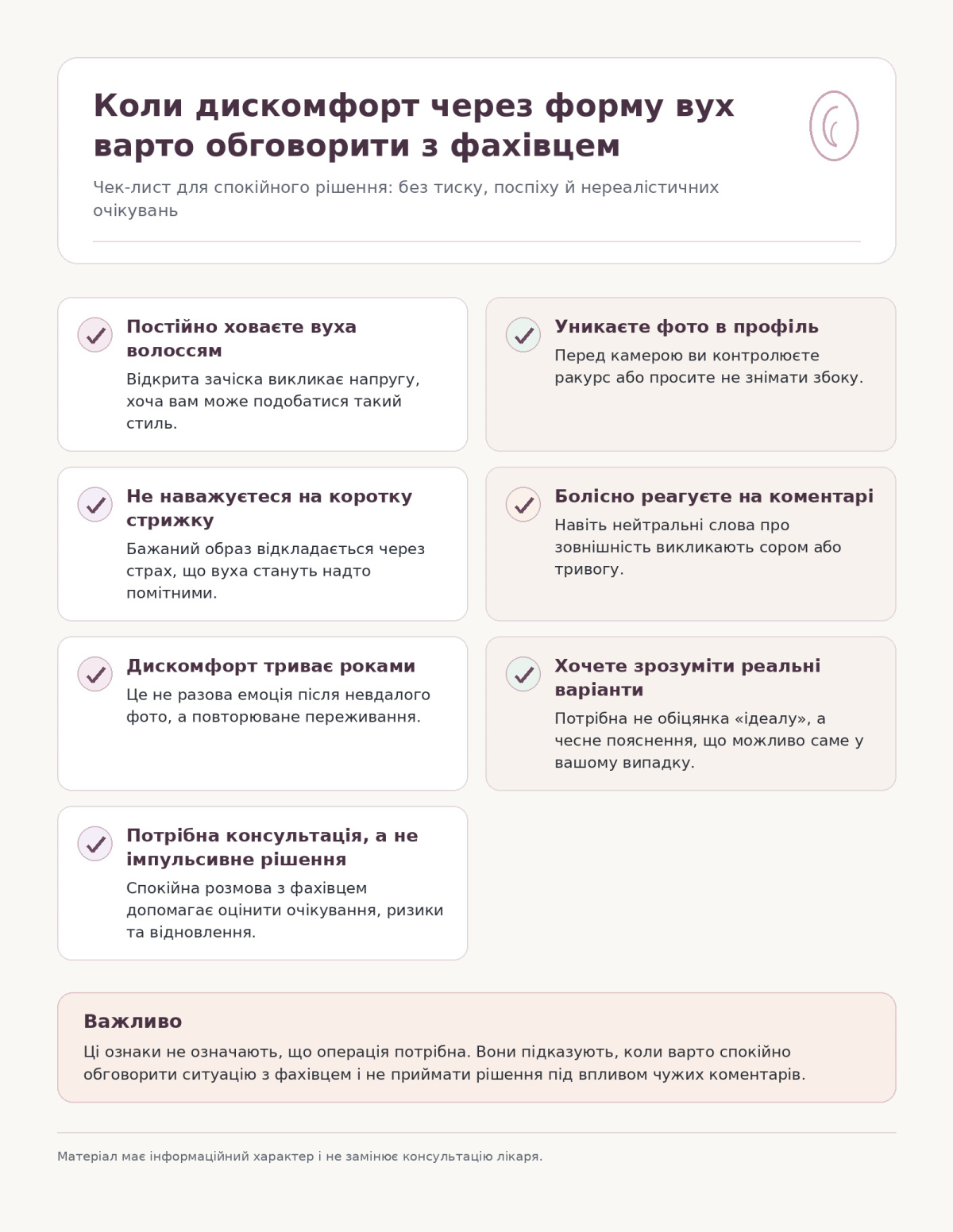 Інфографіка про дискомфорт через форму вух і ситуації, коли може допомогти отопластика